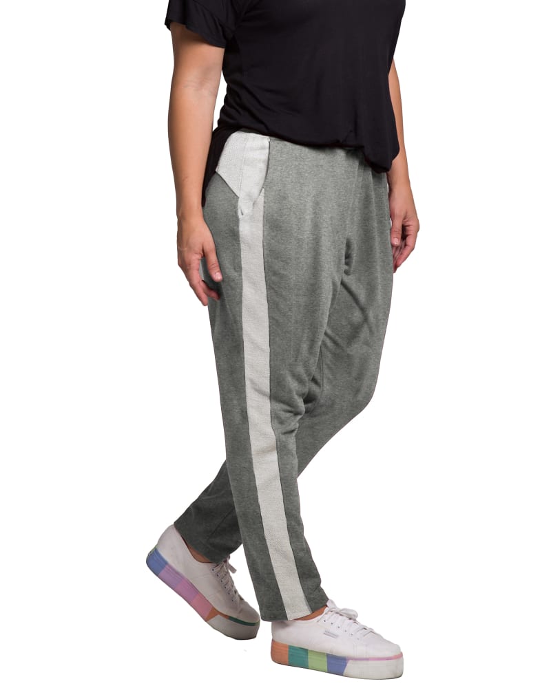 Side of a model wearing a size 1X Gloria French Terry Jogger in HEATHERGREY by Standards & Practices. | dia_product_style_image_id:275918